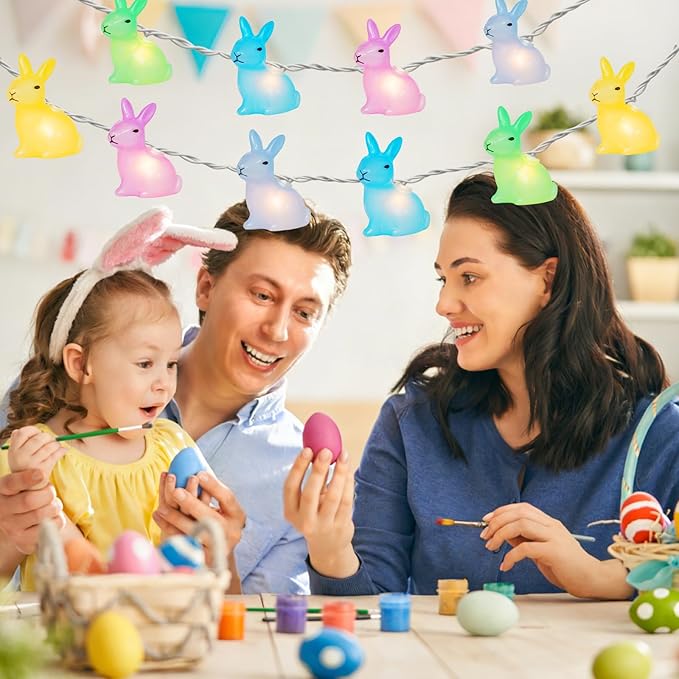 Couah 8.5Ft Multicolor Easter Lights with 10 LED Bunny Lights Plug in Easter String Lights Waterproof for Home Indoor Outdoor Garden Spring Party Easter Decorations