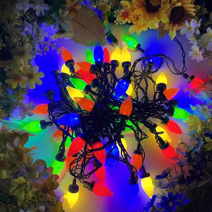 26.4Ft - 50 LED Bulbs Multicolor C7 LED Christmas Lights Outdoor Big Bulb Colored Christmas Tree Lights, Plug in Colorful C7 String Lights for Multicolored Indoor Outdoor Xmas Decorations, 0.6W = 7W