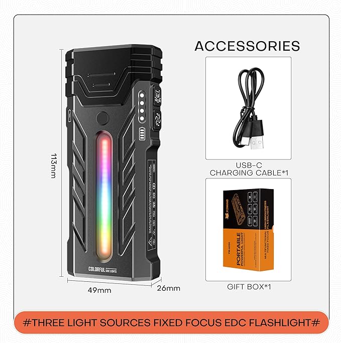 EDC Rechargeable Flashlight 3250 Lumens with RGB Light,55 Modes Multifunctional Flat Flashlight with Floodlight,Spotlight and Magnetic Base,Waterproof USB C Flashlight for Camping,Home,Emergencies