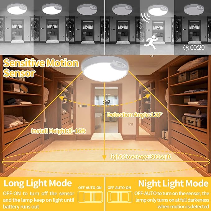 Rechargeable Motion Sensor Light with Remote Wireless Ceiling Light Battery Operated Closet Lights Battery Powered Ceiling Light Timing Dimmable 7.8in for Closets Shower Stair Pantry Hallway Porch