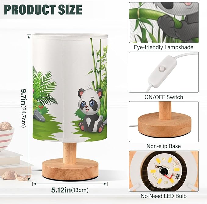 Table Lamp Cute Panda Baby in Bamboo Garden Nightstand Lamp with Wood Base Fabric Lamp Shade Bedside Desk Lamp for Living Room Bedroom Kids Room Office