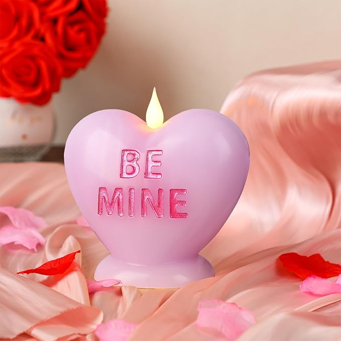 Valentine's Day Heart Shaped Flameless Candle - Battery Operated LED Realistic Wax Candle with Warm Flickering Flame Effect, Romantic Valentine's Day Wedding Home Decor (4.7" x 5.1"),Purple