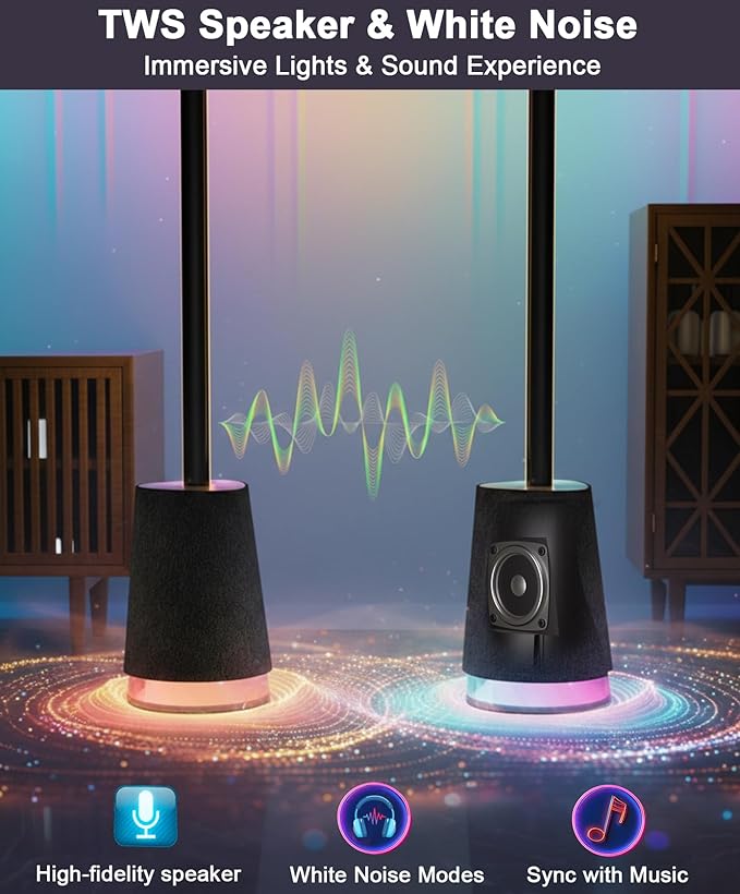 Smart LED Floor Lamp with Speaker & White Noise, RGBWWIC Standing Corner Lamp Work with Alexa Google Assistant, Music Sync, App Control,AI Recognition DIY Ambient Lighting for Bedroom Living Game Room