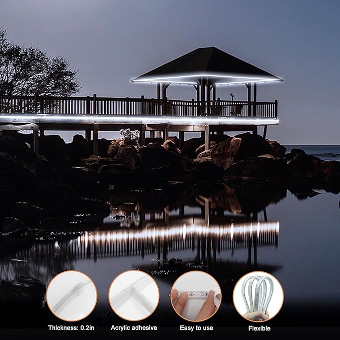 50Ft Solar LED Strip Lights Outdoor, 540 LED Long Strip Lights IP68 Fully Waterproof Acrylic Tape with Remote Self-adhesive, Cuttable Auto ON/OFF Rope Lights for Patio Pool Camping Decor (Cool White)