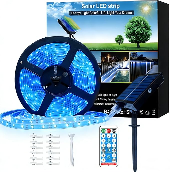 Upgrade Solar Led Strip Lights Outdoor, 20ft Solar Rope Lights Self-Adhesive Waterproof, 8 Mode with Remote Timer and Auto On/Off, Perfect for Deck, Patio, Poolside, Camping Decor, Blue
