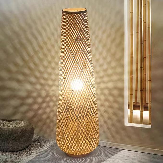 MIXL-Farmhouse Style Bamboo Floor Lamp,Large Wicker Indoor Floor Light,Boho Standing Light Plug in,Modern Minimalist Standing Lamp for Living Room Bedroom