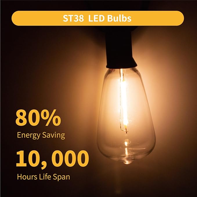 E12/C7 Base LED Replacement Bulbs for ST38 Outdoor String Lights - Not Solar, Vinatge 1W LED Shatterproof Bulb, Warm White 2200K, 25 Pack