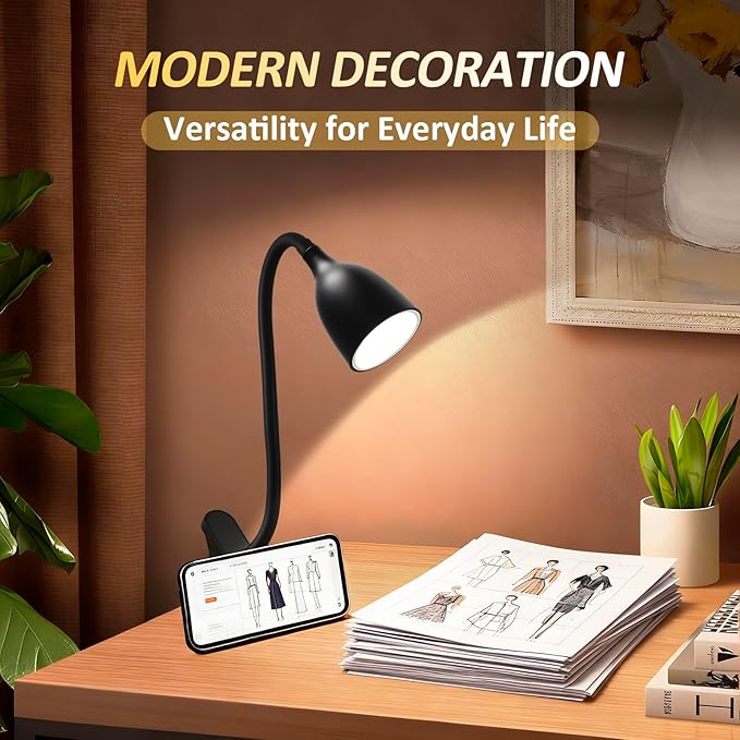 Desk Lamp for Home Office - Clip on Reading Light and Bed Headboard Clamp Lamp, Bedside Gooseneck Table Lamp, Clip on Desk Lamps, Eye-Caring Desk Lamp for College Dorm Room Study Lamp, Black