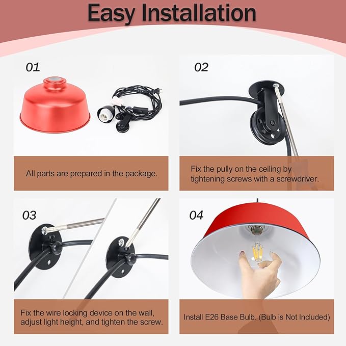 Plug in Pendant Light, Red Farmhouse Hanging Lights with Plug in Cord, Pulley Hanging Lamp, Industrial Pendant Lights Fixture for Kitchen Island, Bedroom, Dining Room, Living Room, Office
