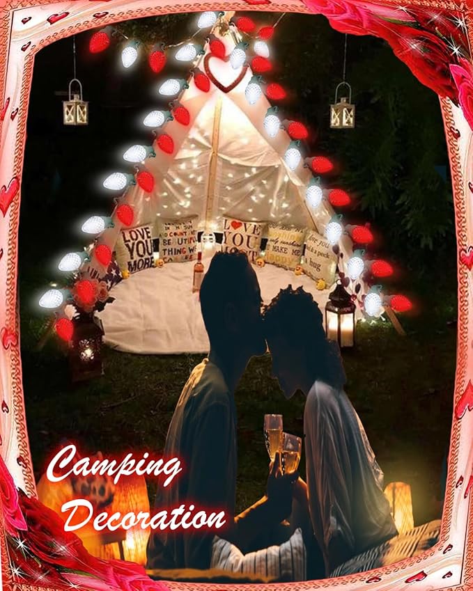 C9 Ultra Bright Solar Christmas Lights 50 LED Red White String Lights Strawberry Flower Design Outdoor Waterproof with 8 Modes for Valentine's Day Wedding Centerpiece Decoration