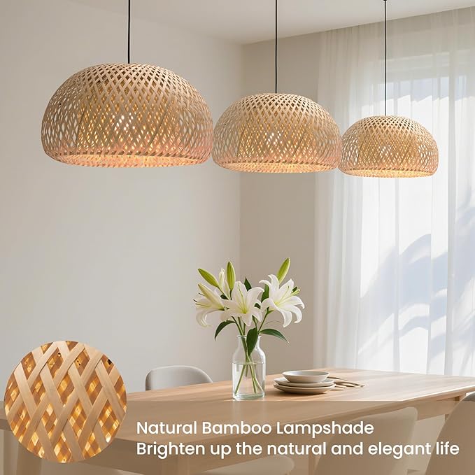 Bamboo Pendant Light, 11.02 inch One-Light Boho Basket Handmade Woven Pendant Lighting, Boho Bamboo Chandelier for Bedroom, Kitchen, Living Room