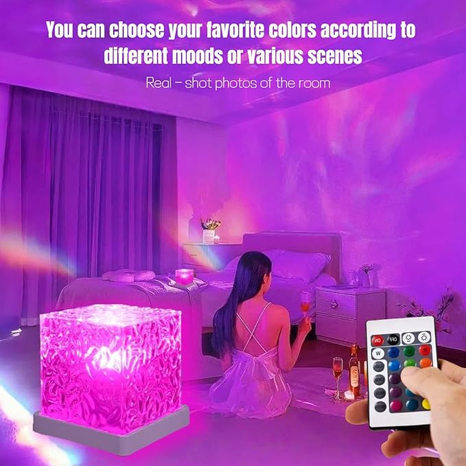 Rechargeable Ocean Wave Projector Light, 16 Color Changeable & Dimmable Shower Lamp with Remote, Cube Mood Ambient Lighting, Ocean Room Decor, Cordless Night Light for Bathroom, Room Decor
