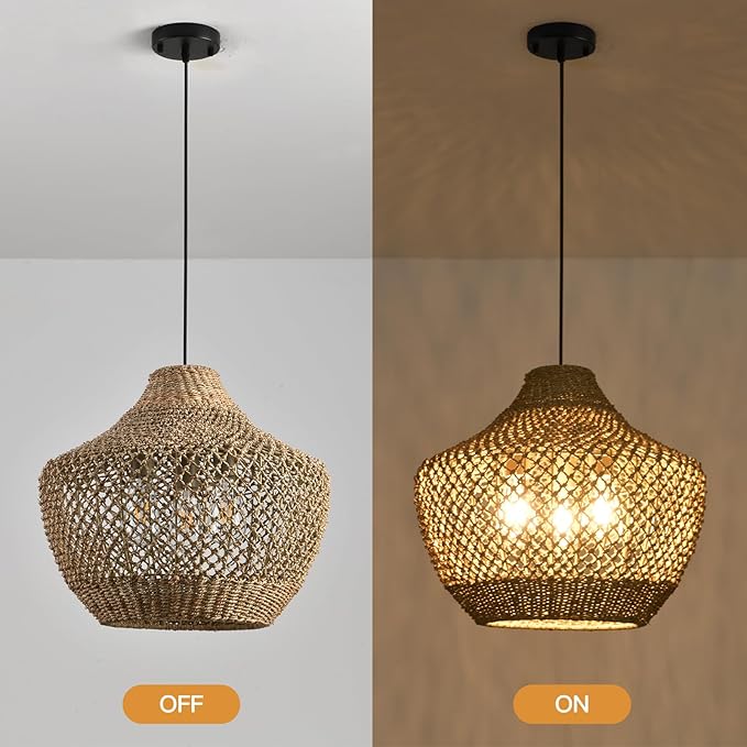 18.9”Boho Wicker Large Pendant Light,3-Light Rattan Chandelier, Hand-Woven Seagrass Farmhouse Fixture, for Kitchen Island Bedroom Dining Living Entrance Halls.