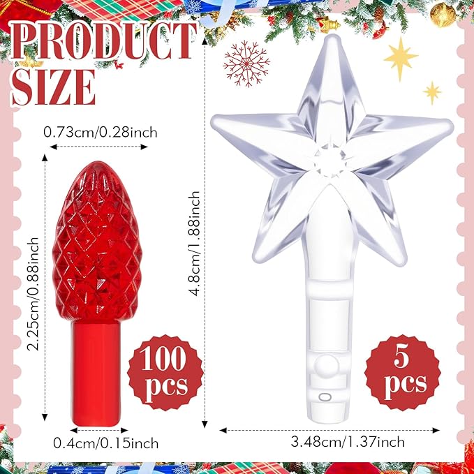 Boao 100 Pieces Ceramic Christmas Tree Bulbs and 5 Stars Replacement Plastic Bulbs for Ceramic Christmas Tree Decorations (4 mm Diameter,Red)
