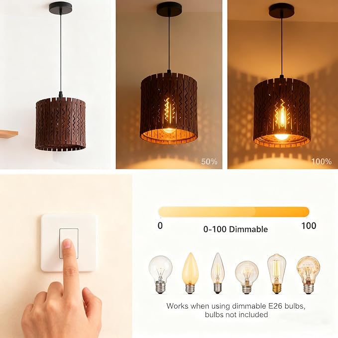 Farmhouse Rustic Wood Drum Pendant Light, 1-Light Rural Ceiling Hanging Lamp Lighting Fixture with 7" Lampshade, Boho Chandelier for Kitchen Island Hallway Dining Room Dark Brown