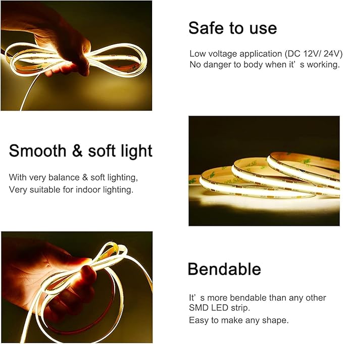 COB LED Strip Lights UL Listed DC 24V LED Lights Flexible Super Bright LED Strips,16.4ft 4000K Natural White,CRI 90+,2400LEDs High Density Uniform Light for Home Room Décor