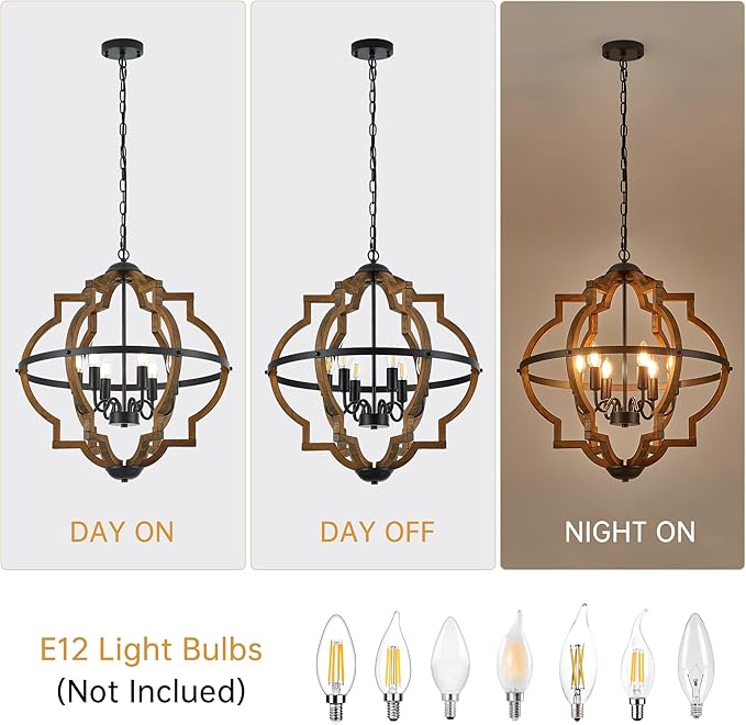 6-Light Farmhouse Wood Pendant Light,22.83'' Vintage Rustic Brown Oak Wood Chandeliers,Retro Industrial Hanging Light Fixtures for Dining Room Entryway, Bedroom