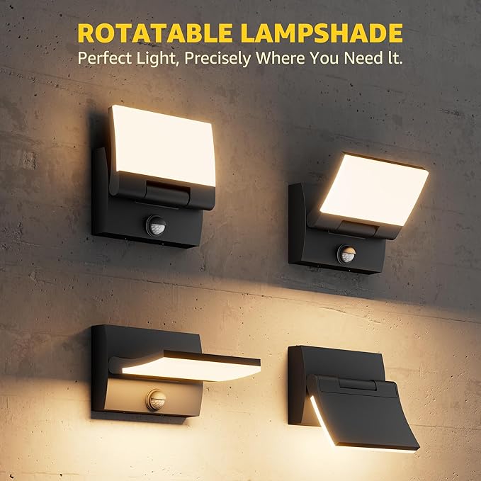 Motion Sensor LED Outdoor Wall Light 2-Pack, Rotatable Adjustable Wall Sconce, IP65 Waterproof Porch Light for House Garage Patio, 3000K Warm White, Matte Black Aluminum