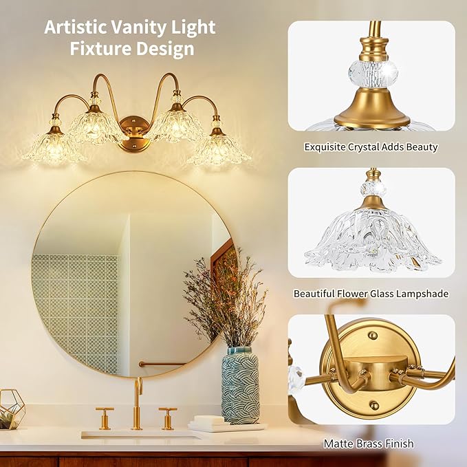 Vintage Matte Brass Finish Bathroom Vanity Light, 4-Light Vanity Light with Floral Glass Shades, Retro Wall Mount Lighting for Bathroom, Dressing Table