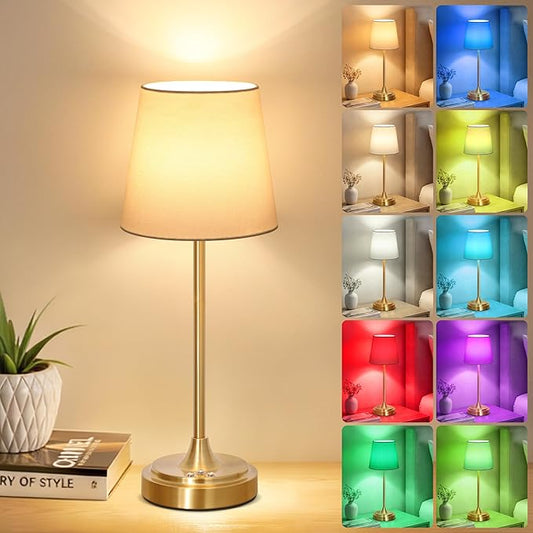 Cordless Table Lamp Rechargeable,5000mAh Battery Operated Desk Lamp,3 Colors & 7 RGB Stepless Dimmable,Touch Control Ambient Light for Bedside,Bedroom,Dining Room,Living Room,Gold,WhiteShade