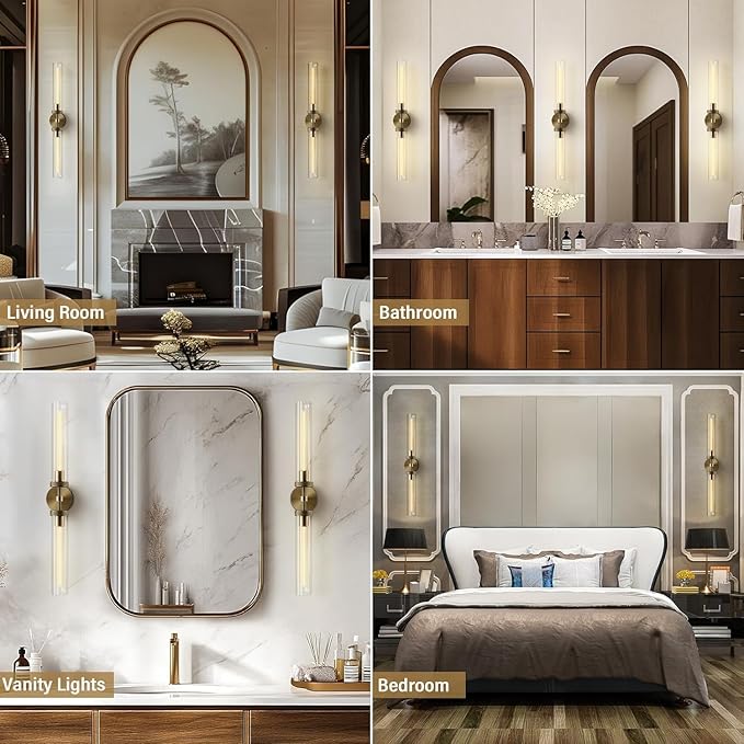 Brass Wall Sconces Set of 2, Bathroom Sconces Wall Lighting, Gold Sconces Wall Lighting with Clear Glass Wall Lamp,Wall Mount Lamps Wall Lights for Vanity Light Bedroom Living Room Hallway