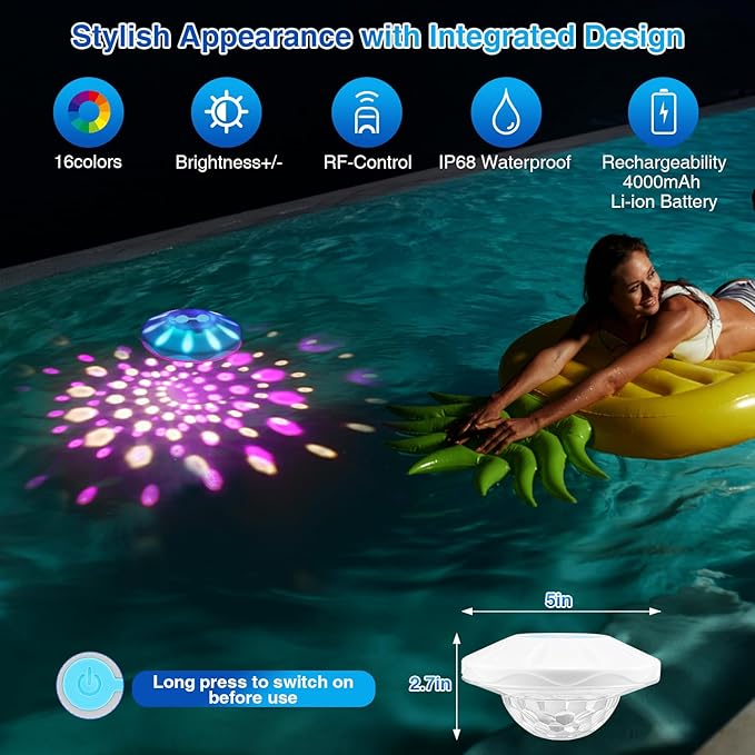 Rechargeable Floating Pool Lights(1 Pack), Pool Lights with 6 Dynamic Lighting, IP68 Waterproof Pool Light RGB Upper and Lower Color Changing LED Pool Light for Pools, Party, Ponds