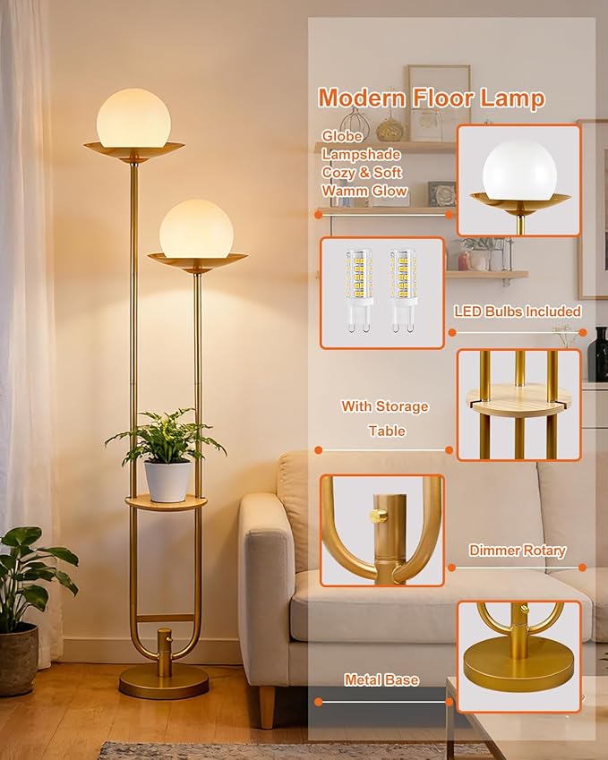 Lightdot 63IN Gold Floor Lamp with U Pole, 2 Globe Mid Century Standing Lamps Dimmable with 3000K Warm White LED Bulbs, Unique Vintage Tall Floor Lamp for Living Room/Wedding/Party