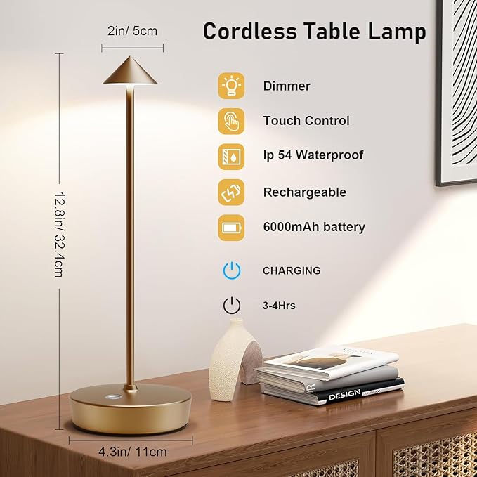 Set of 2 Rechargeable Cordless Table Lamp,6000mAh LED Battery Operated Desk Lamp Touch 3 Color Dimming Portable Outdoor Waterproof Table Light for Patio/Restaurant/Dining/Home (Bronze)