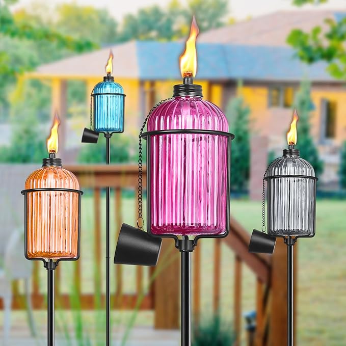 4 Pack Glass Garden Torch, 13.5 oz Colorful Outdoor Torch Garden Décor, 61-Inch Upgraded Citronella Torches with 3-Prong Grounded Stake, Metal Light Torches for Party Patio Pathway