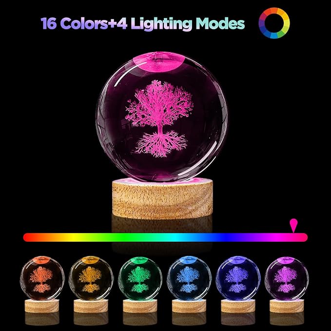 3D Tree of Life Crystal Ball Night Light,3.15in k9 Crystal Ball Lamp with 16 Colors Change,Wooden Base and Remote Control Tree of Life Gifts for Kids