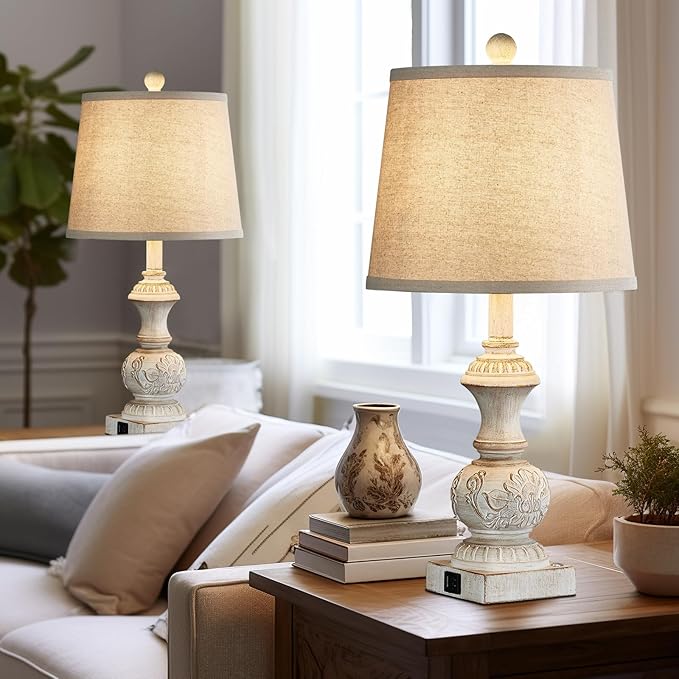 Farmhouse 3 Way Dimmable Touch Table Lamps for Living Room Set of 2 Traditional Rustic Bedside Lamps for Bedroom Nightstand 23.5" Vintage Carved Floral Night Light Lamps with USB Ports Bulb Included