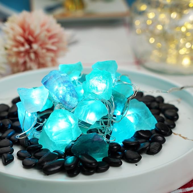 BOHON Natural Fluorite String Lights Battery Operated with Remote Sea Glass Raw Stones Decorative Lights 6.5ft 20 LEDs String Lights for Bedroom Party Indoor Christmas Wedding Decor