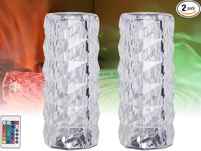 16 Colors Rose Rays Crystal Diamond Table Lamp, Touch Control Acrylic Column Light with Remote, Type-C Rechargeable, 360 Degree Transparent Shade for Bedroom Desk Décor (2, Small)