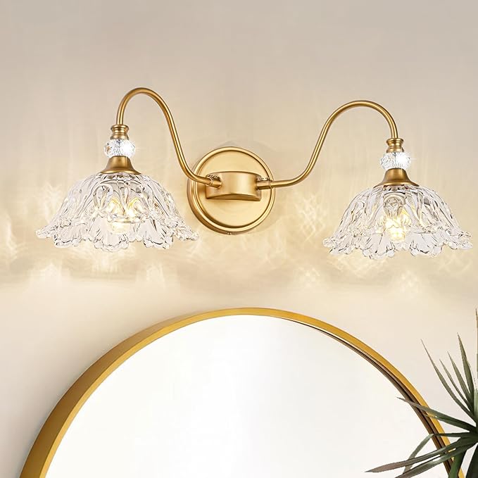 Vintage Bathroom Vanity Light, 2-Light Matte Brass Finish Vanity Light with Floral Clear Glass Shades, Retro Wall Sconce for Bathroom, Dressing Table
