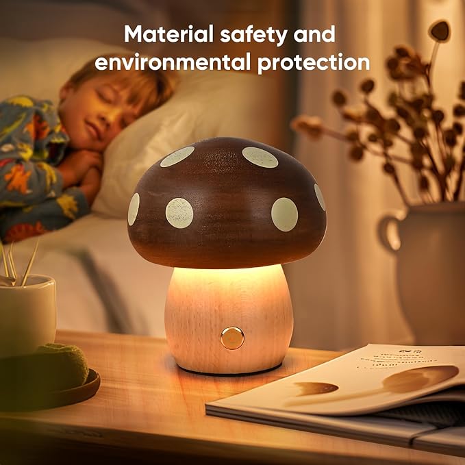2Pack Wood Small Mushroom Table Lamp, LED Rechargeable Cordless Touch Bedside Lamps, Wireless Stepless Dimming Night Light, Portable Battery Lamp for Bedroom Nightstand for Birthday Gifts