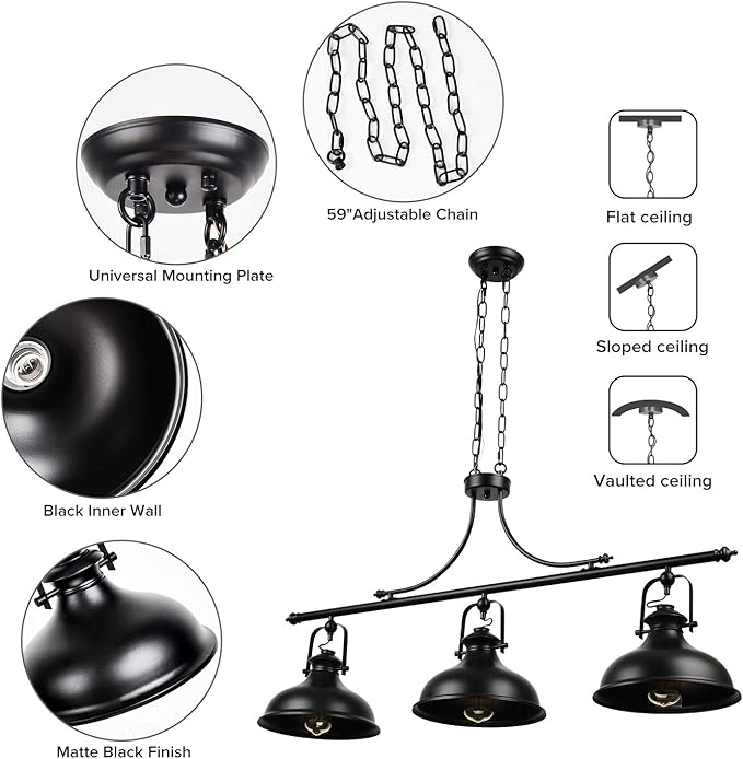 GZBtech Vintage 3-Light Pendant Lighting Fixture, 59.06'' H Adjustable Rustic Hanging Billiard Light Over The Pool Table, Industrial Black Metal Chandelier for Dinning Room Kitchen Island, UL Listed
