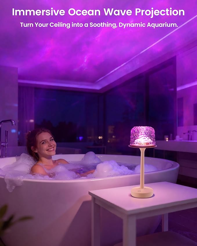 Waterproof Shower Lamp with Ocean Wave Projector for Bathroom, Cordless Rechargeable Bath Light with 16 Color Changing,Table Lamp with Soft 360˚Glow for Bathtub, Night Shower & Relaxing Dating