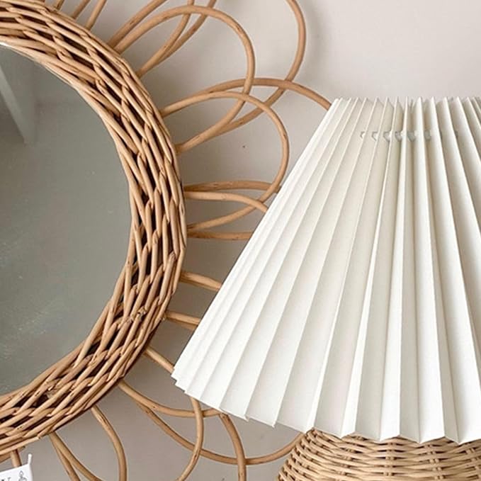 Table Lamps for Living Room, Retro Lamp Small Pleated Table Lamp Rattan Metal Base Modern Bedside Nightstand Lamp with Beige Lampshade