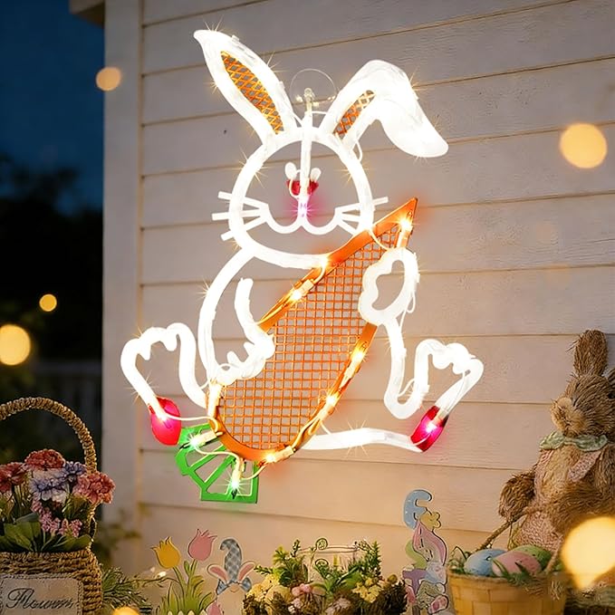 17" 35LED Lighted Bunny with Carrot Easter Decor - UL Certified, Cute Warm Glow, Window & Hanging Ornament, Indoor Holiday Decor,Beautiful Gift for Easter