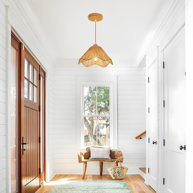 2 Pack 12.4" Wave Rattan Chandelier Pendant Lights Kitchen Island,Farmhouse Boho Chandeliers Adjustable Height Hanging lamp for Dining Room,Kitchen Ceiling Light Fixtures Woven Wicker Lampshade