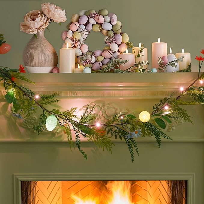CCINEE 6 FT Lighted Easter Garland, 20 LED Lights Artificial Garlands with Easter Colored Egg and Pink Flowers Faux Branches for Easter Spring Holiday Parties Mantle Fireplace Indoor Home Decoration