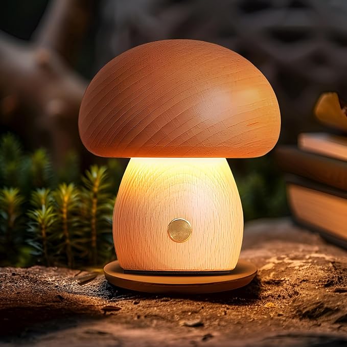 2 Pack Wooden Mushroom Lamp, Portable Cordless Small Rechargeable Battery Operated Lamp,Stepless Dimming, Night Light for Birthday Gifts