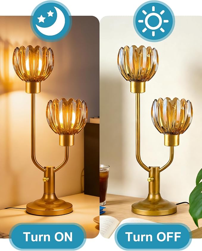 Lightdot Mid Century Modern Glass Table Lamp Gold Dimmable U-Shaped Desk Lamps with Brown Glass Shade& 2Pcs 3000K Warmwhite Bulbs Included Bedside Nightstand Lamp for Living Room Bedroom