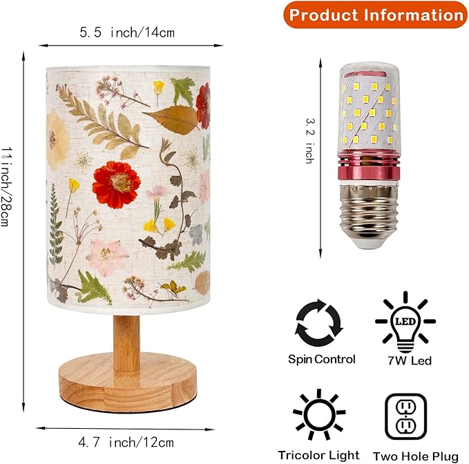 Dried Flowers Table Lamp, Vintage Floral Beside Lamp,5w Led 3-Color Cute Linen Shade Desk Lamp for Bedroom Office Nursery with Wood Base