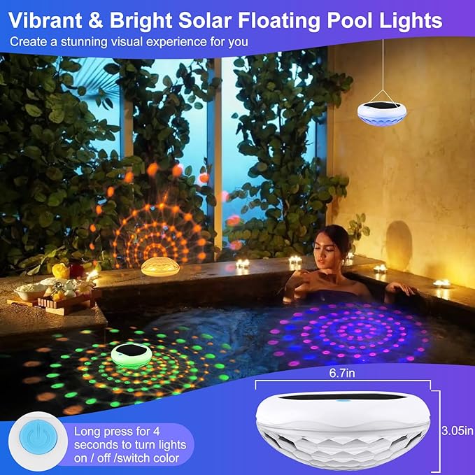 2-in-1 Solar and Rechargeable Floating Pool Lights: 4 Pack 6.7" Pool Lights That Float 6 Dynamic Modes with Remote IP68 Waterproof Hang RGB Upper and Lower Bathtub Light for Garden Pond