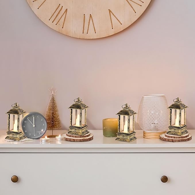 Vintage Lanterns Decorative Indoor: 24 Pcs Brass Mini Lanterns for Wedding Table Centerpieces Small Battery Powered Led Lights Bulk for Party Christmas