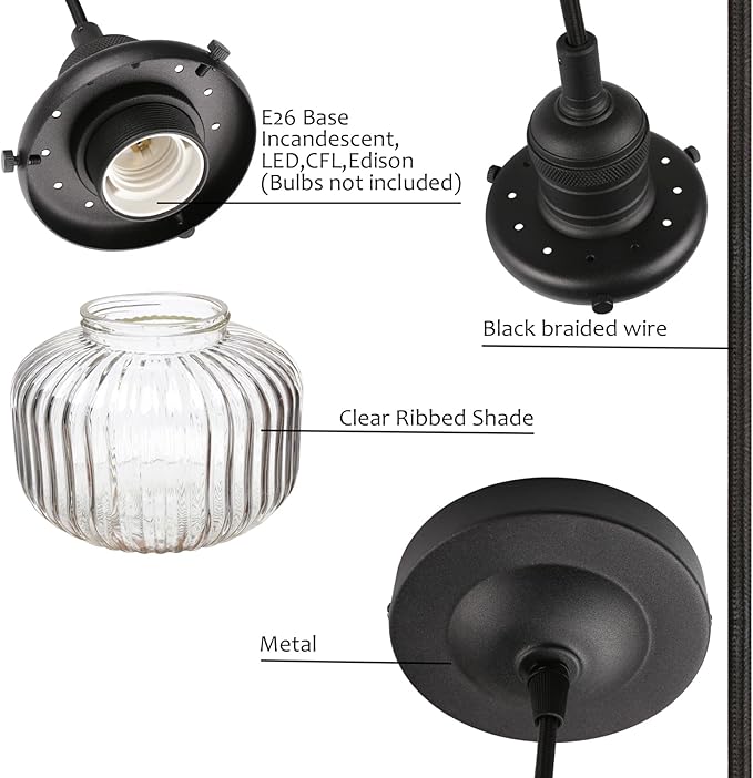 Yosoan Indoor Vintage Edison Hanging Pendant Light, 1-Light Hardwired Modern Vanity Light Industrial Semi Flush Mount Lamp Striped Ribbed Glass Shade for Kitchen Table Bar Island(Black)