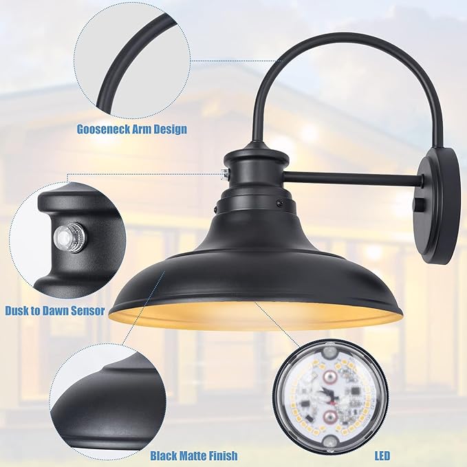 Dusk to Dawn LED Outdoor Barn Lights - 2 Packs Farmhouse Gooseneck Exterior Light Fixture Wall Mount, 12.25" Large Black Porch Lights, Outside Wall Lights for House Garage Patio Doorway