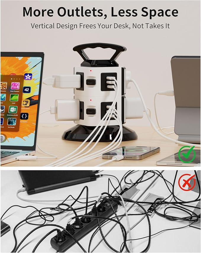 Power Strip Tower with 6 Outlets, 4 USB-A & 2 USB-C Ports, 1875W/15A Heavy Duty Charging Station for Multiple Devices, Plug Tower with 6ft Extension Cord, for Home, Office, Dorm