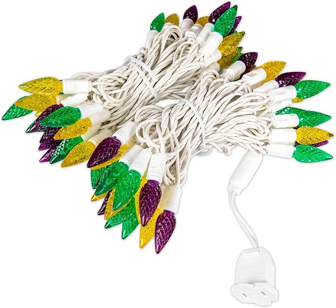 70 Light 24Ft Mardi Gras Lights Commercial String Lights C6 LED Strawberry Faceted Bulb – Yellow/Purple/Green, White Wire, Indoor/Outdoor, Full Wave No Flicker, Connect 43 Sets